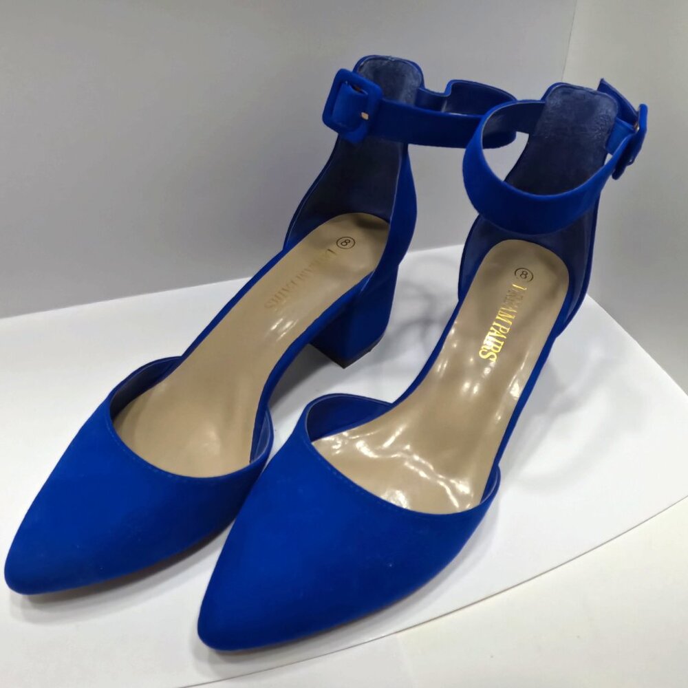 DREAM PAIRS HEELS CHUNKY  BLOCK SUEDE SANDALS  WOMEN SIZE 8  ROYAL BLUE COLOR - Picture 2 of 3
